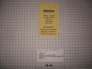 Tag for carbon filter, yellow, English and Russian