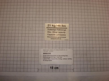 Label Max. Capacity 21kg, colour white, 4 languages