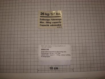 Label max. capacity 26kg, colour white, 4 languages