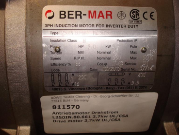 Drive motor,230V-60Hz,3,7kW,6-pole,shaft 22mm,P/M12-18,UL/CSA