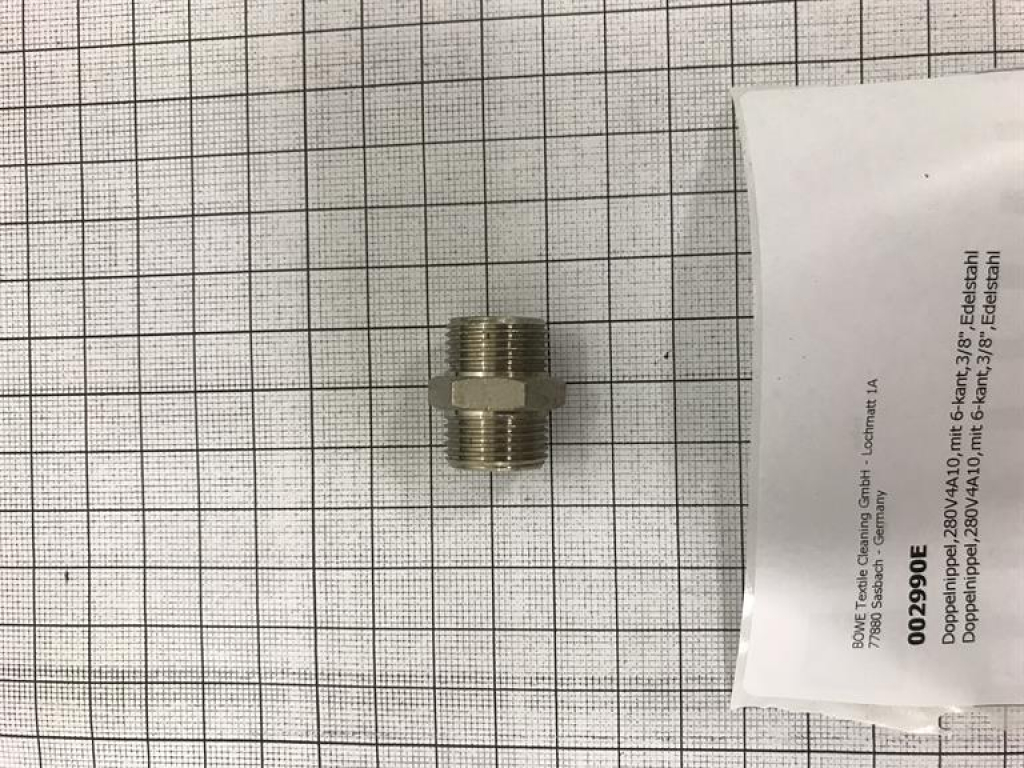 Double nipple,280V4A10,with hexagon,3/8", stainless steel