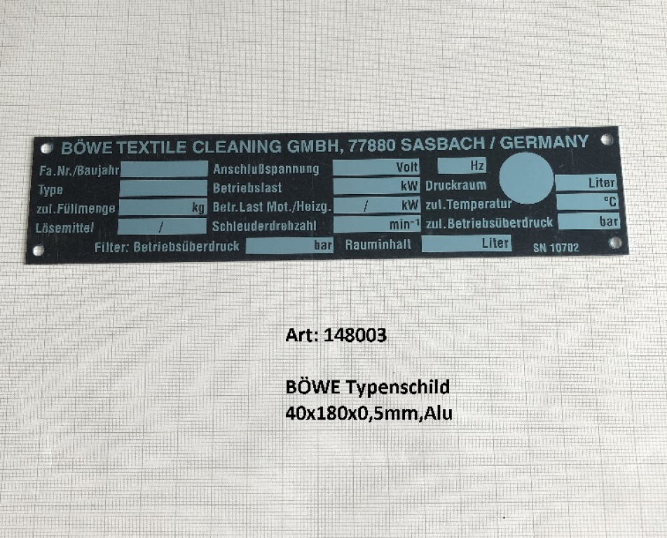 BÖWE Typenschild 40x180x0,5mm,Alu