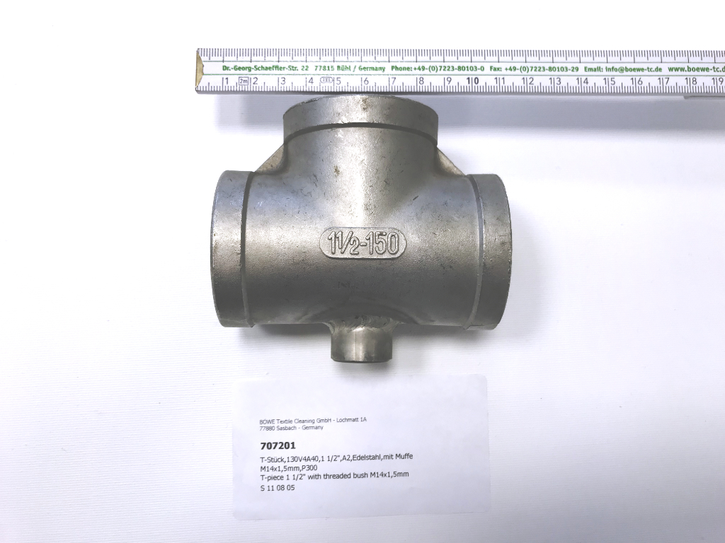 T-piece,130V4A40,1 1/2",A2,stainless steel,with bush M14x1,5mm,P300