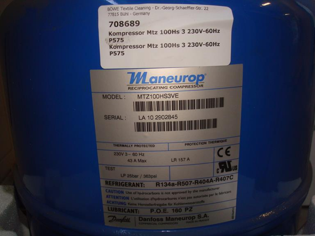 Cooling compressor,MTZ100HS3,R404A,230V-60Hz,P564,P575