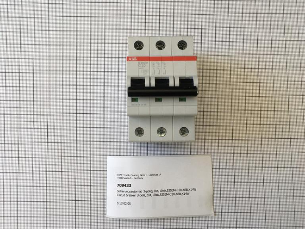 Circuit breaker 3-pole,20A,10kA,S203M-C20,ABB,K14W