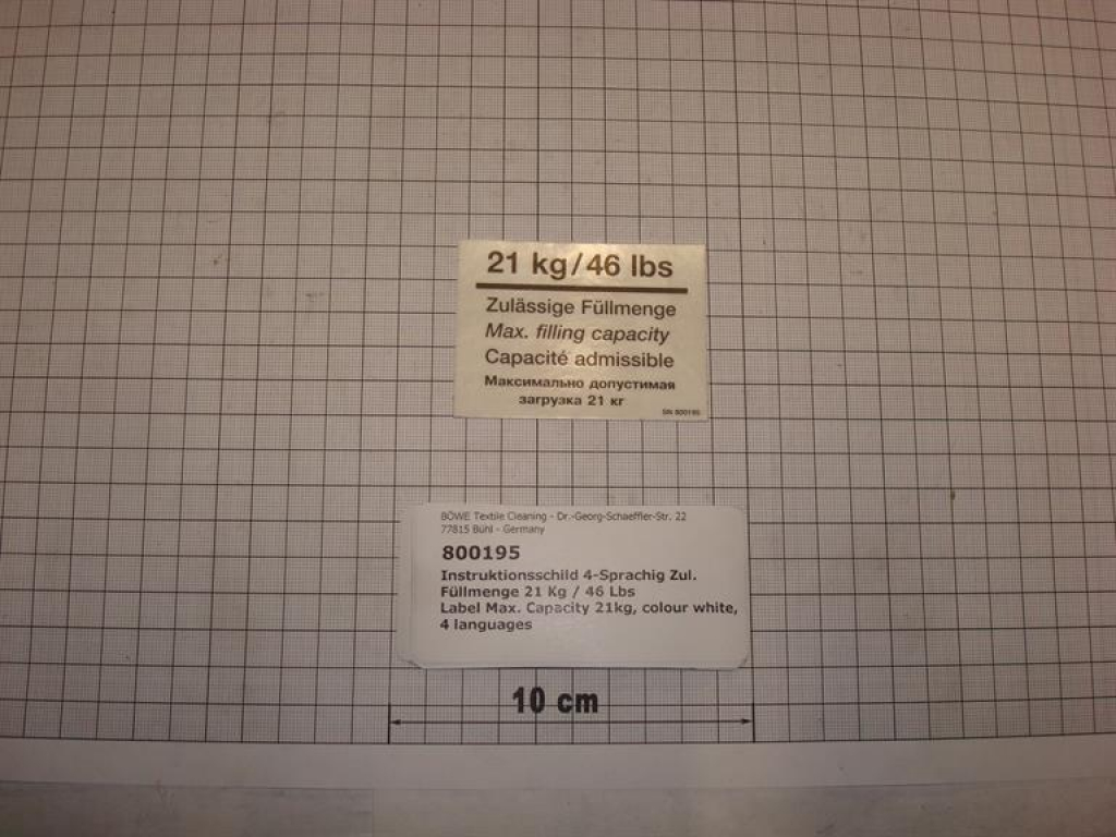 Label Max. Capacity 21kg, colour white, 4 languages