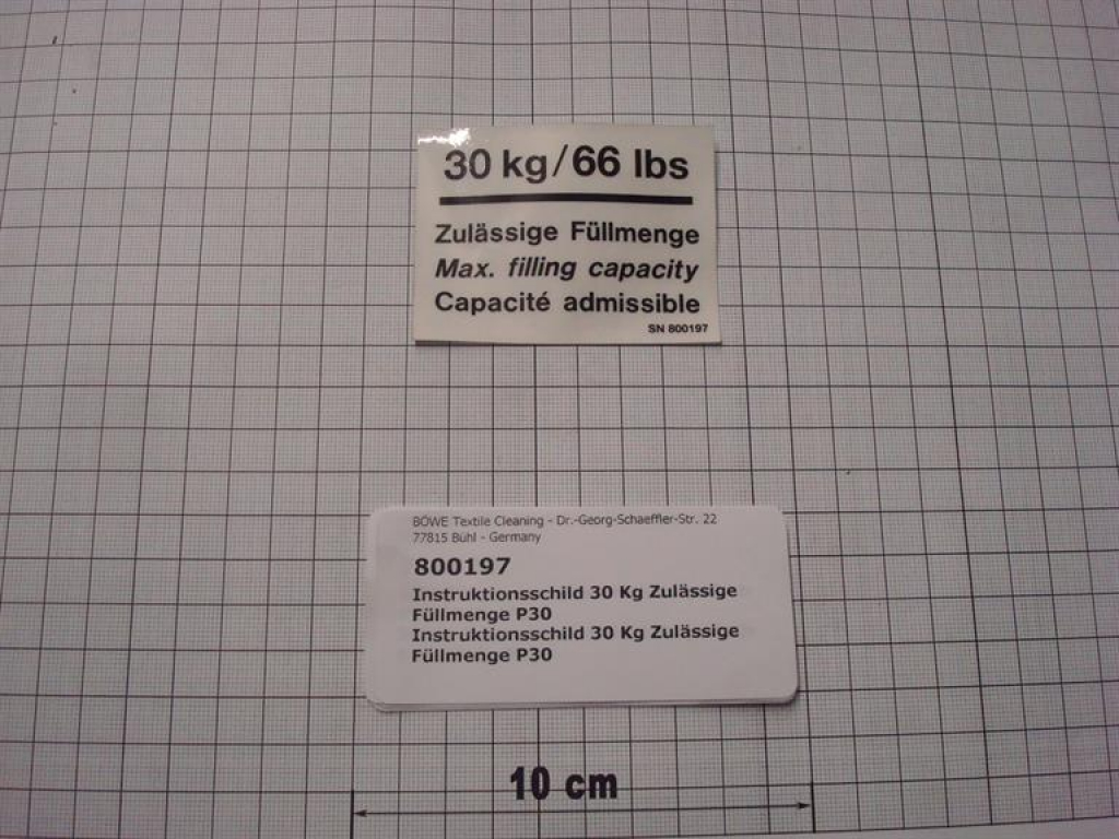 Instruktionsschild 4-sprachig, "Zul.Füllmenge,30Kg/66Lbs",Aufkleber