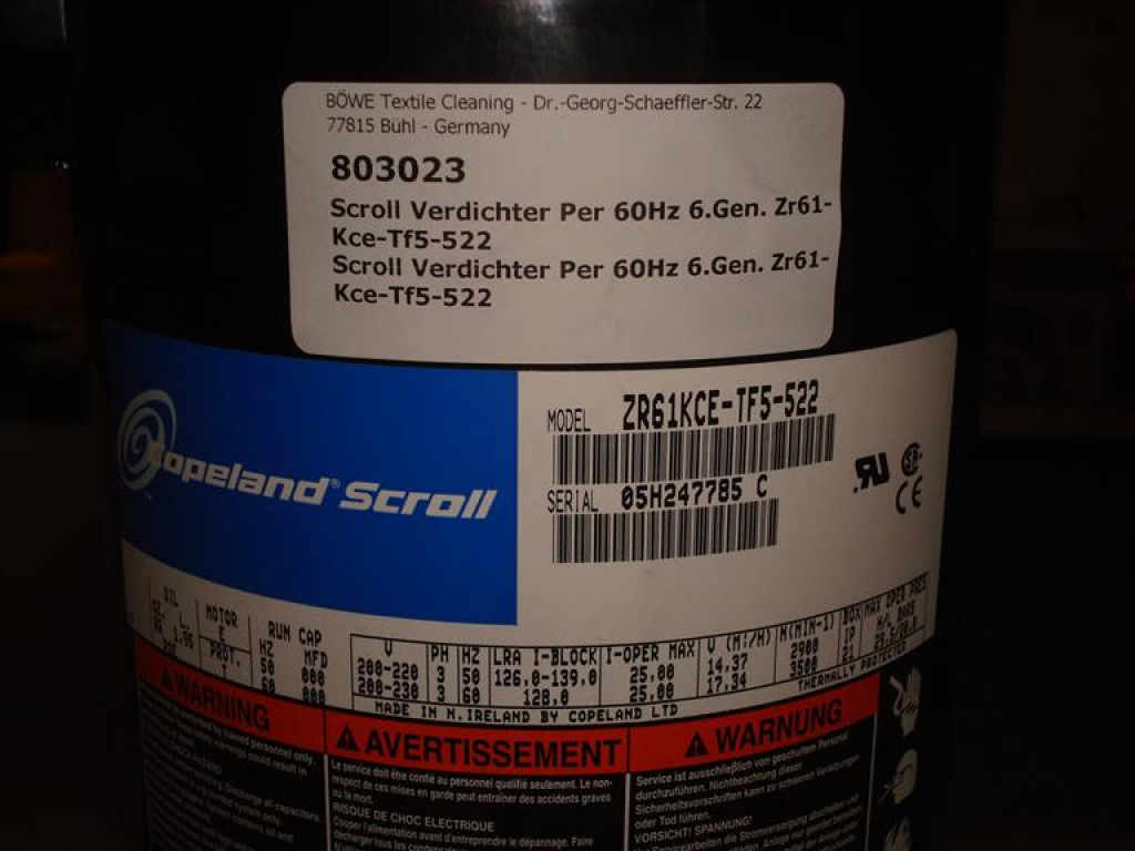 Cooling compressor,Copeland,Emerson,Scroll,ZR61KCE-TF5-522,230V-60Hz,screw connection,M12-M18USA