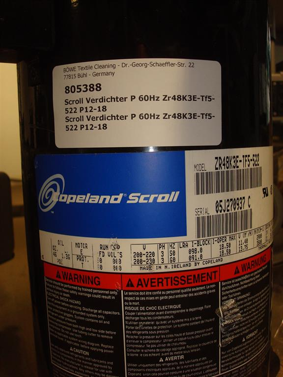 Cooling compressor,Copeland,Emerson,Scroll,ZR48K3E-TF5-522,230V-60Hz,screw connection,P12-18