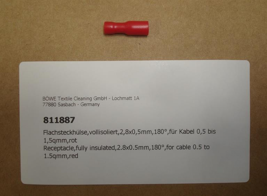 Flachsteckhülse,vollisoliert,2,8x0,5mm,180°,für Kabel 0,5 bis 1,5qmm,rot